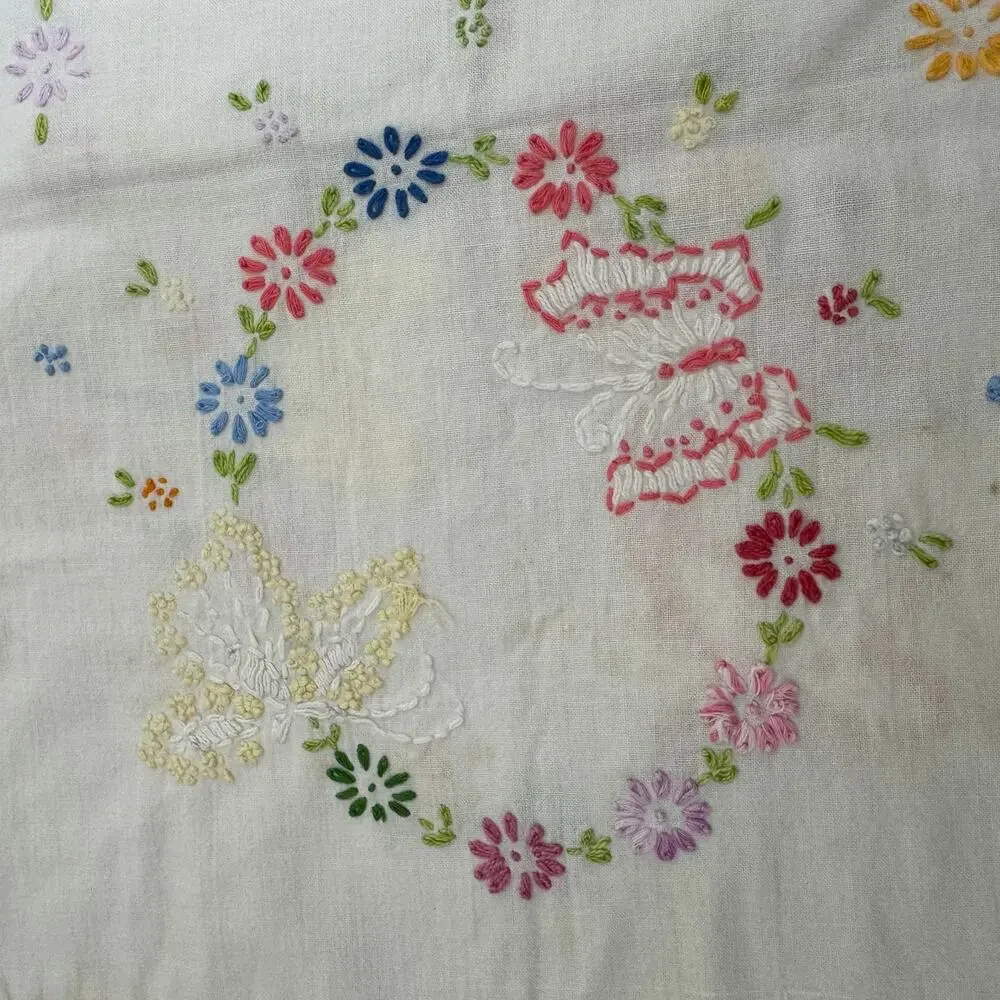 Vintage Hand-Stitched Embroidery Wash Stand Hand towel Floral Wreath Butterflies